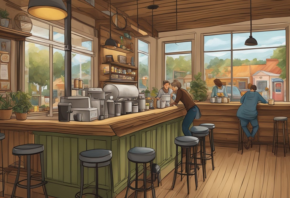 A cozy small town coffee shop in Ohio, with rustic decor and a warm, inviting atmosphere. A barista expertly crafts the perfect brew behind the counter, while customers chat and relax in comfortable seating