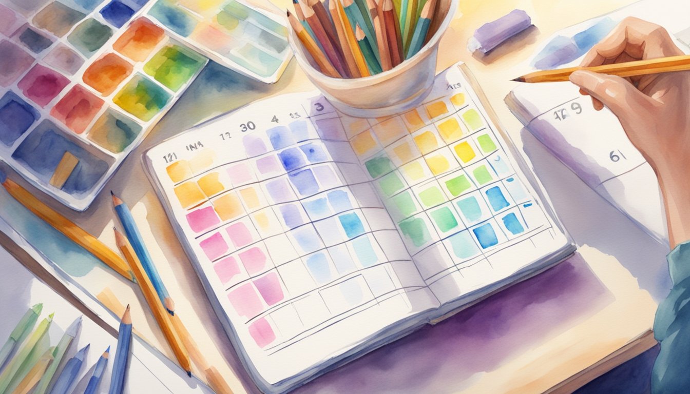 A colorful calendar with time slots for math tutoring.</p><p>Books and pencils on a desk.</p><p>A tutor helping a student with math problems