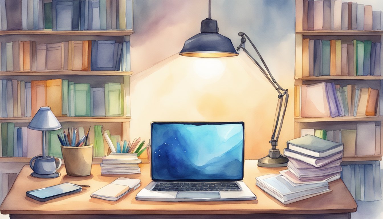 A desk with a laptop, notebook, and pen.</p><p>A smartphone displaying various note-taking apps.</p><p>A bookshelf filled with textbooks.</p><p>A comfortable chair and good lighting