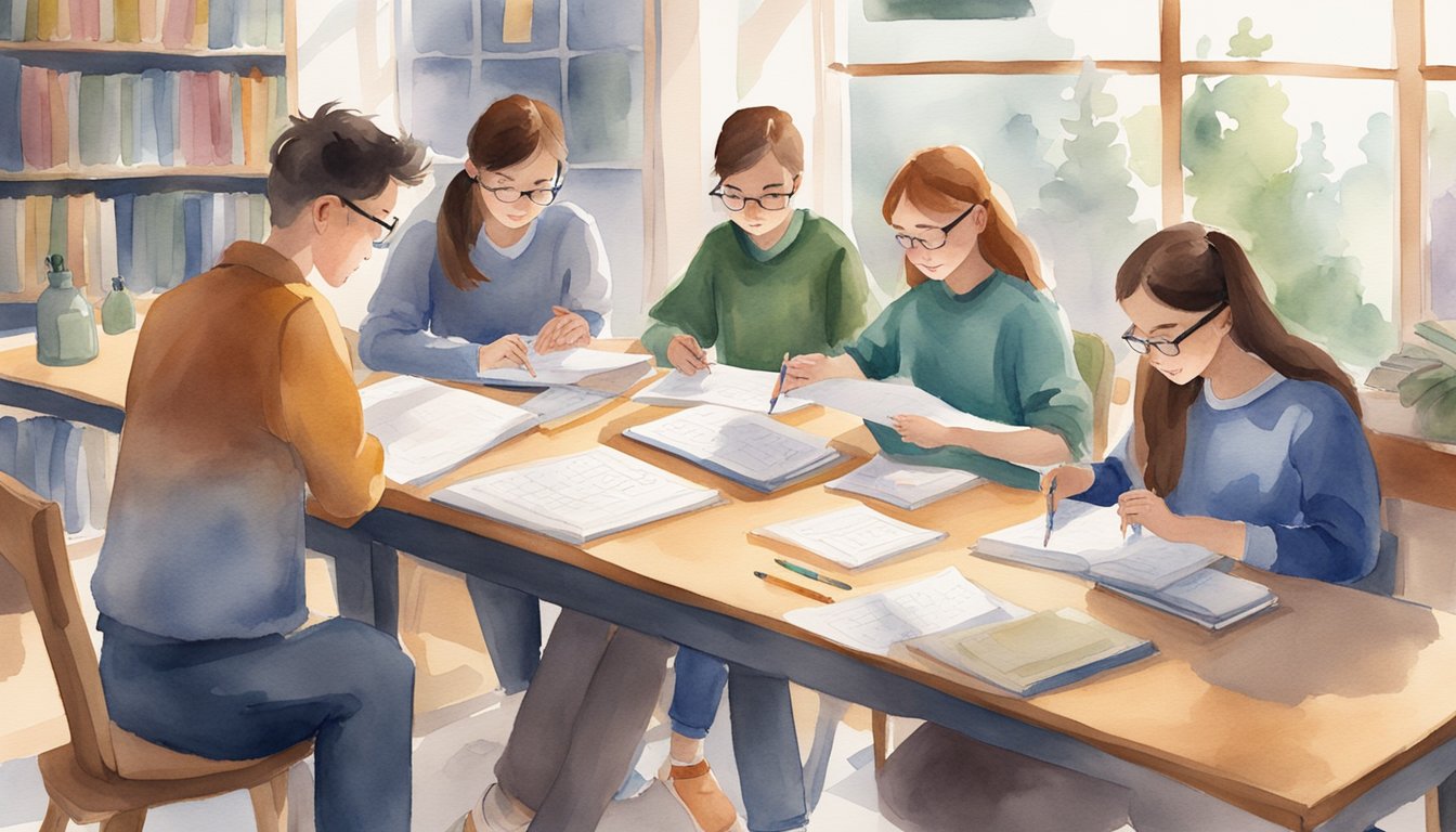 A group of students sit around a table, studying math materials together.</p><p>A tutor guides them through problem-solving, aiming to improve their grades