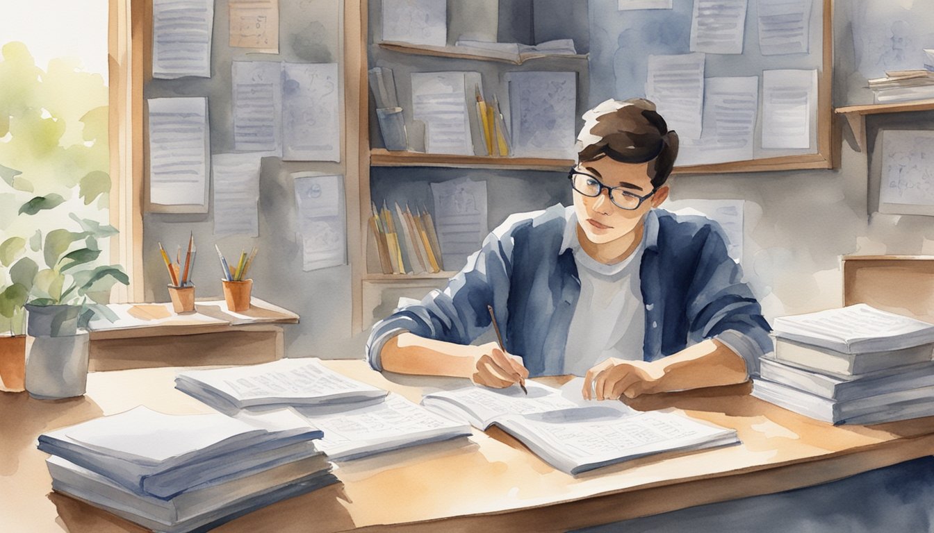 A student sits at a desk, surrounded by math textbooks and notes.</p><p>A tutor stands nearby, explaining concepts and guiding the student through practice problems