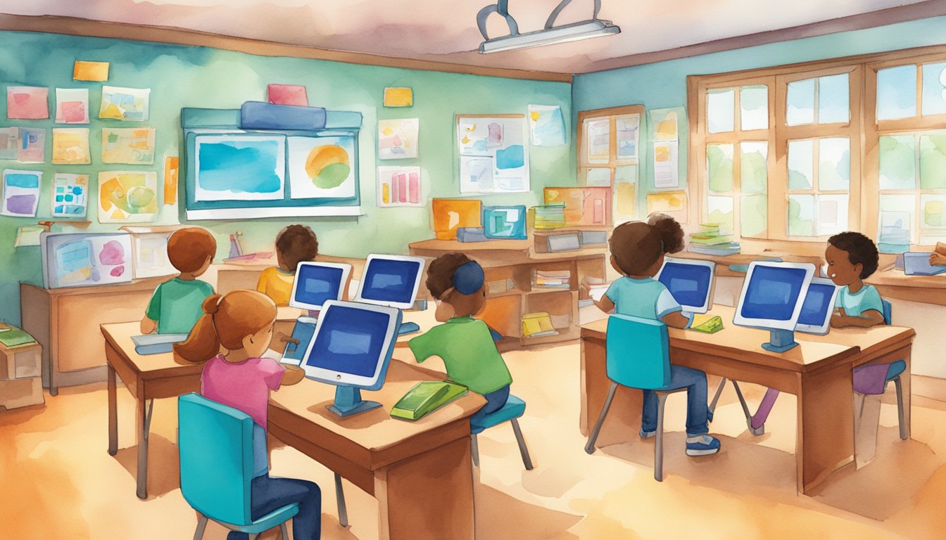 A classroom with colorful computers and tablets, displaying BrainPOP Jr. logo.</p><p>Children are engaged in interactive learning activities