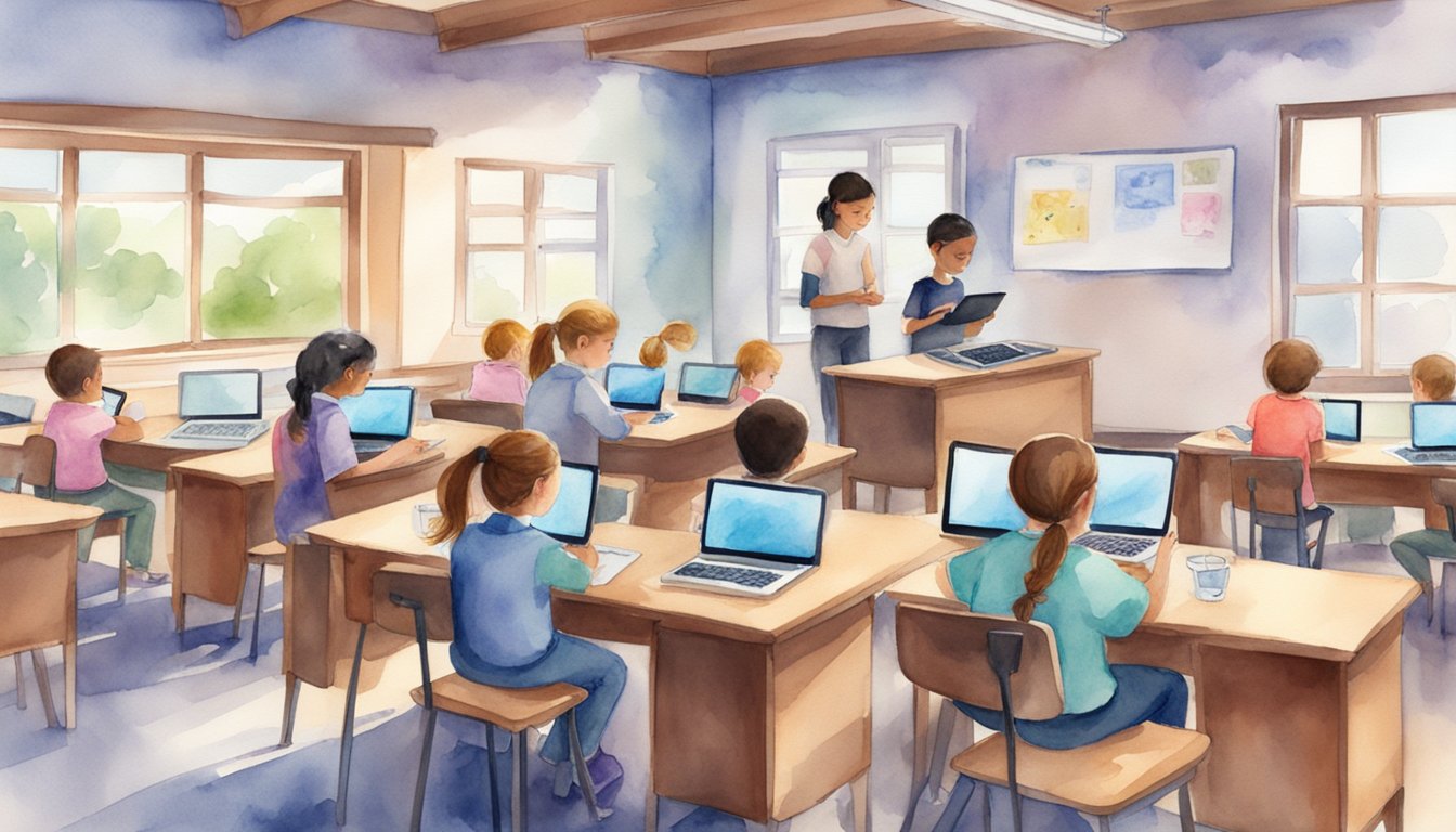 A classroom setting with young students using interactive e-learning tools on tablets and computers, engaging with educational content