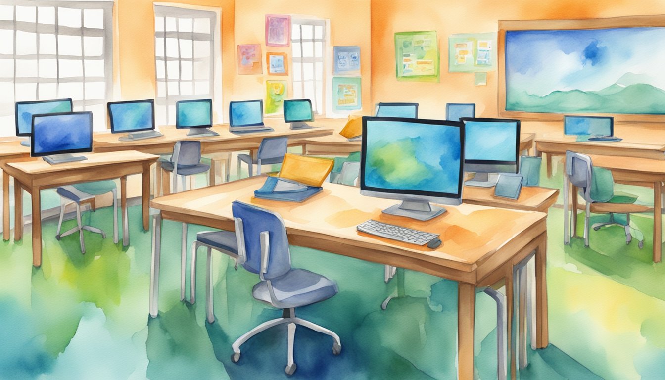 A classroom setting with colorful and engaging e-learning tools displayed on a desk or screen.</p><p>Bright and cheerful atmosphere with a focus on user-friendly interfaces