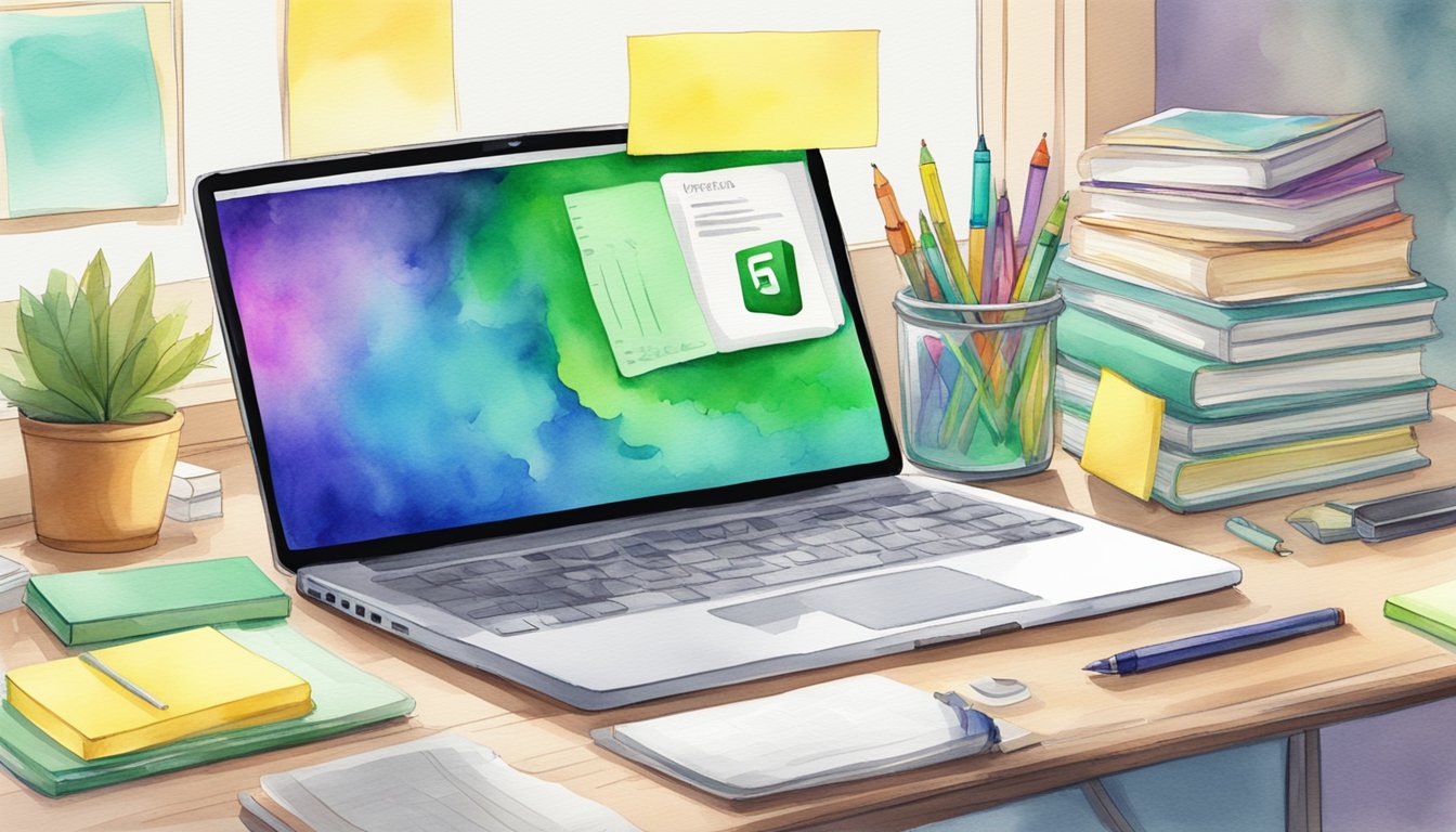 A laptop open to Evernote, surrounded by textbooks, highlighters, and sticky notes.</p><p>A digital note-taking interface with organized tabs and a clean layout