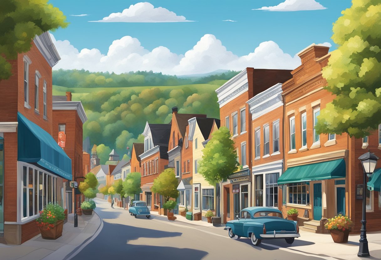 A quaint small town with charming old buildings, a bustling main street, and friendly locals going about their day. The town is surrounded by picturesque countryside and rolling hills, creating a perfect backdrop for capturing the essence of small-town Ohio