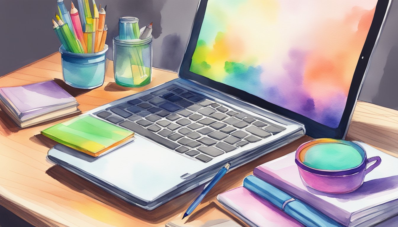 A laptop and tablet sit on a desk, surrounded by open textbooks and colorful highlighters.</p><p>A digital pen hovers over the tablet, ready to take notes