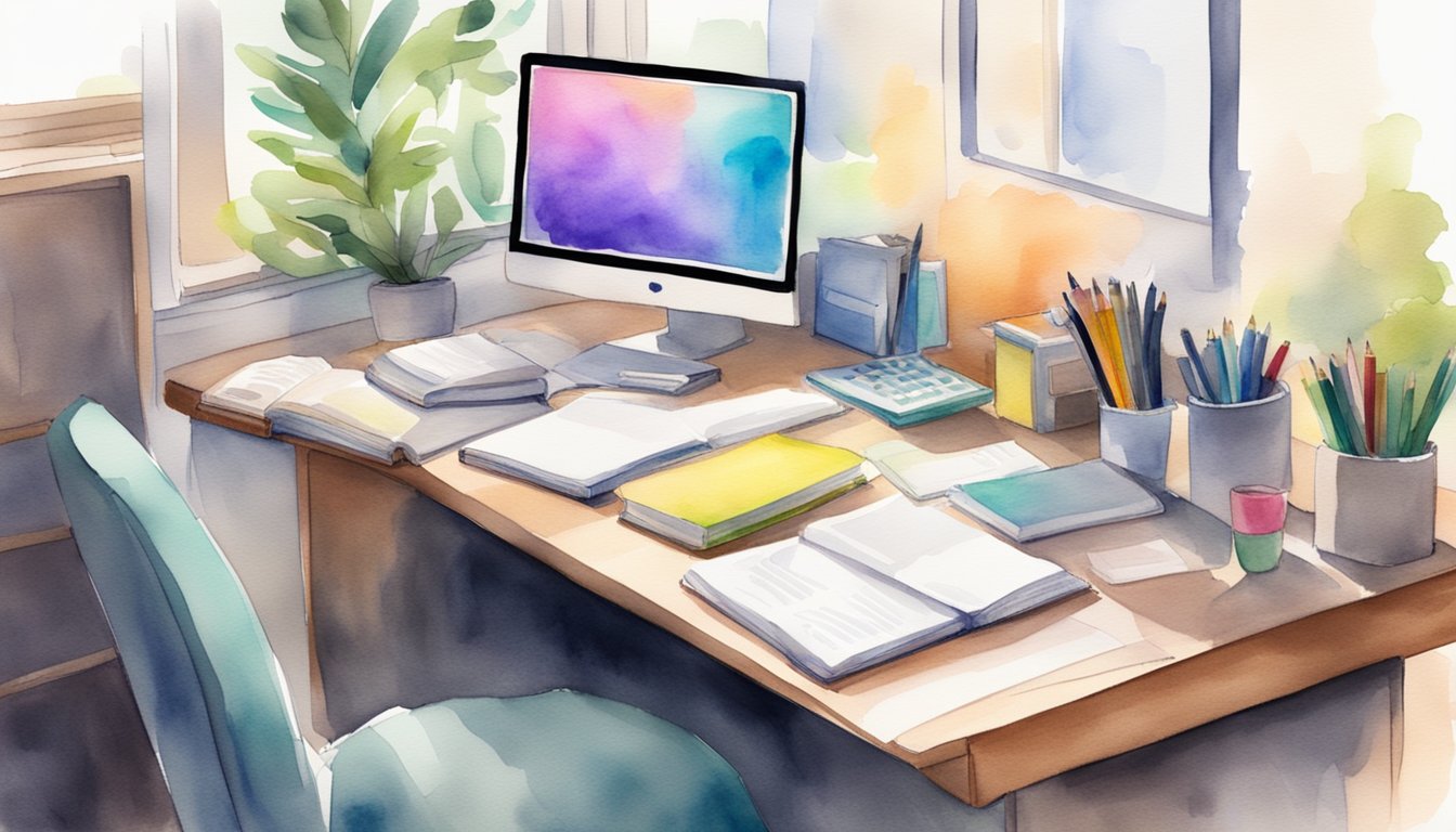 A desk with open textbooks, colorful highlighters, and neatly organized notebooks.</p><p>A laptop displaying note-taking techniques.</p><p>A cozy study environment with natural light