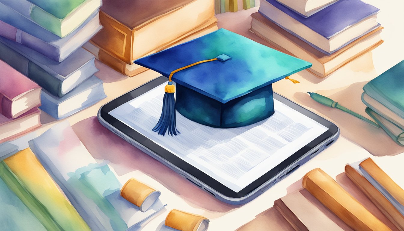 A smartphone with CareerExplorer app open, surrounded by books and a graduation cap