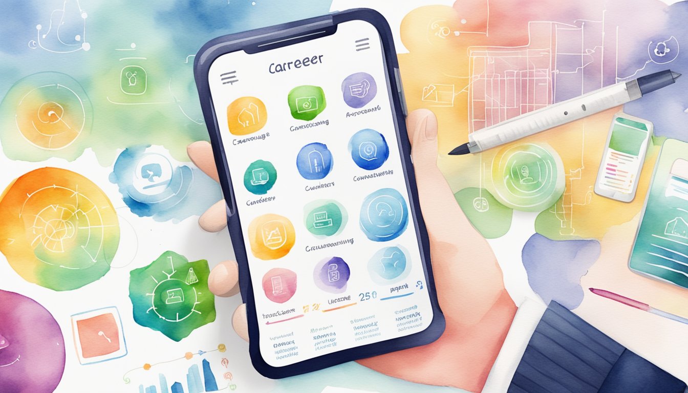 A smartphone displaying career counseling apps with various career paths and options.</p><p>Graphs and charts show user progress and interests