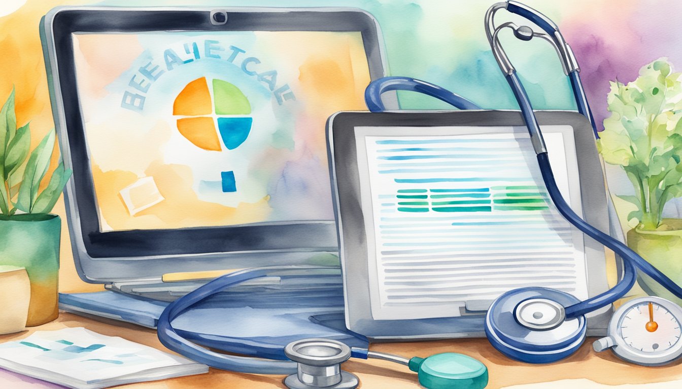 A computer screen showing various healthcare certification programs with a stethoscope and medical books nearby