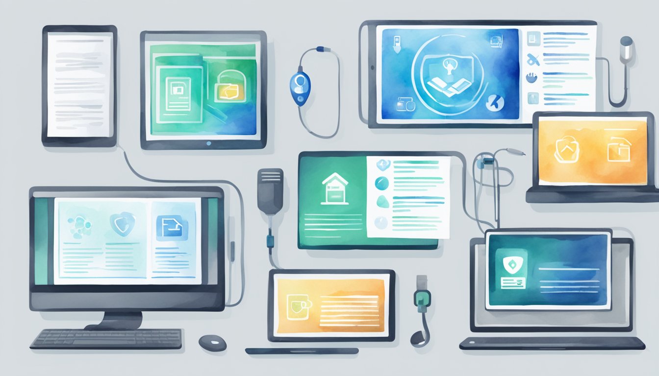 Various digital devices and screens displaying online healthcare certification programs.</p><p>Icons and logos representing different courses and areas of study