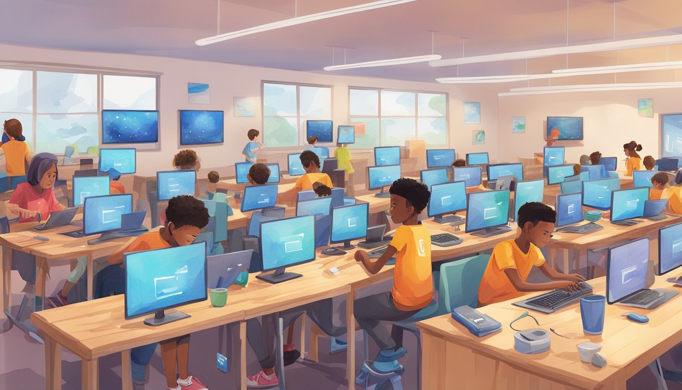 A group of children and teenagers are engaged in coding activities at the Kids 4 Coding Camp.</p><p>Various computer screens and coding tools are scattered around the room, as the young participants work on their projects with focus and determination