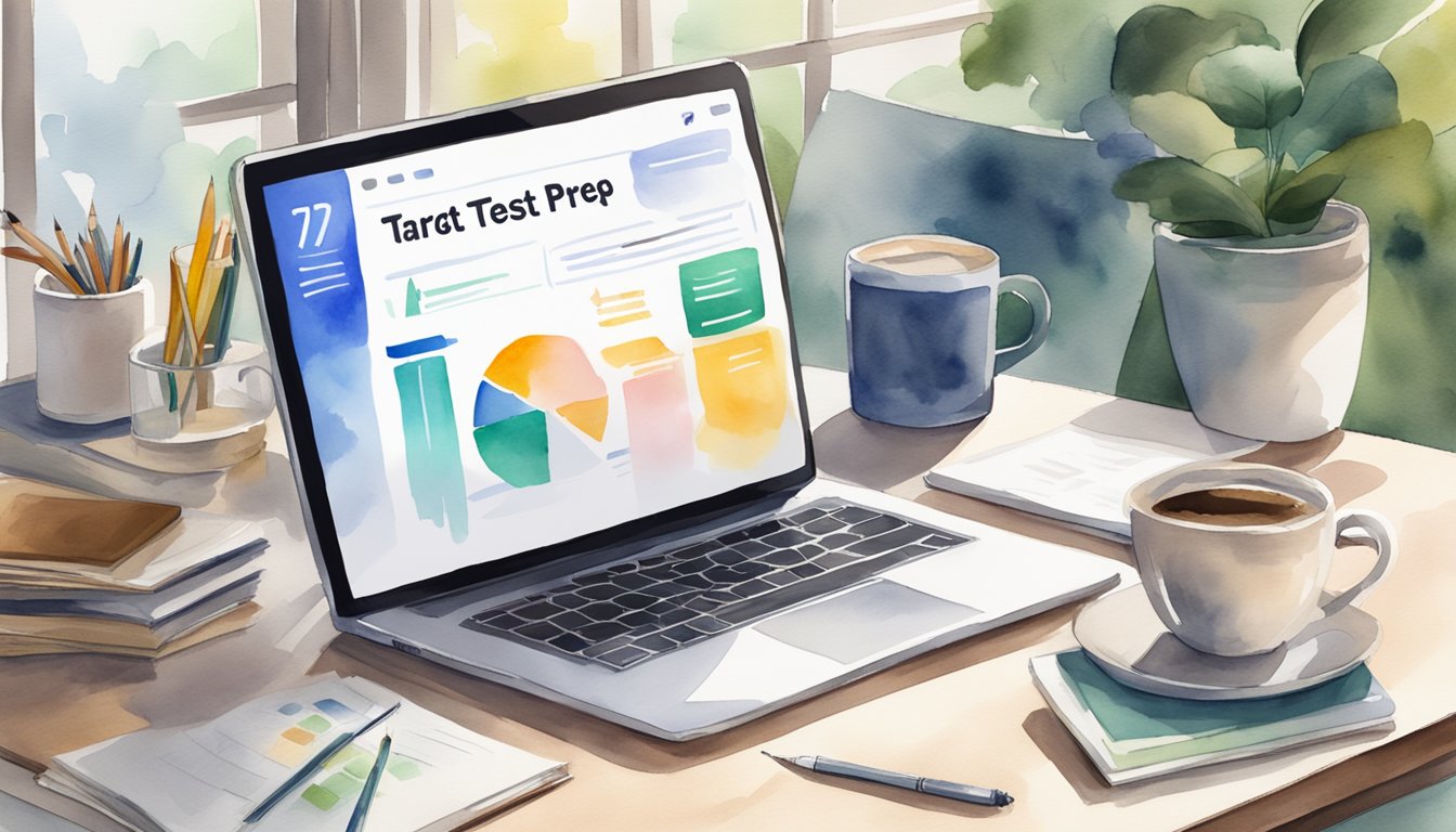 A laptop displaying "Target Test Prep GRE 7 Online GRE Prep Courses with High Success Rates" on a desk with study materials and a coffee mug