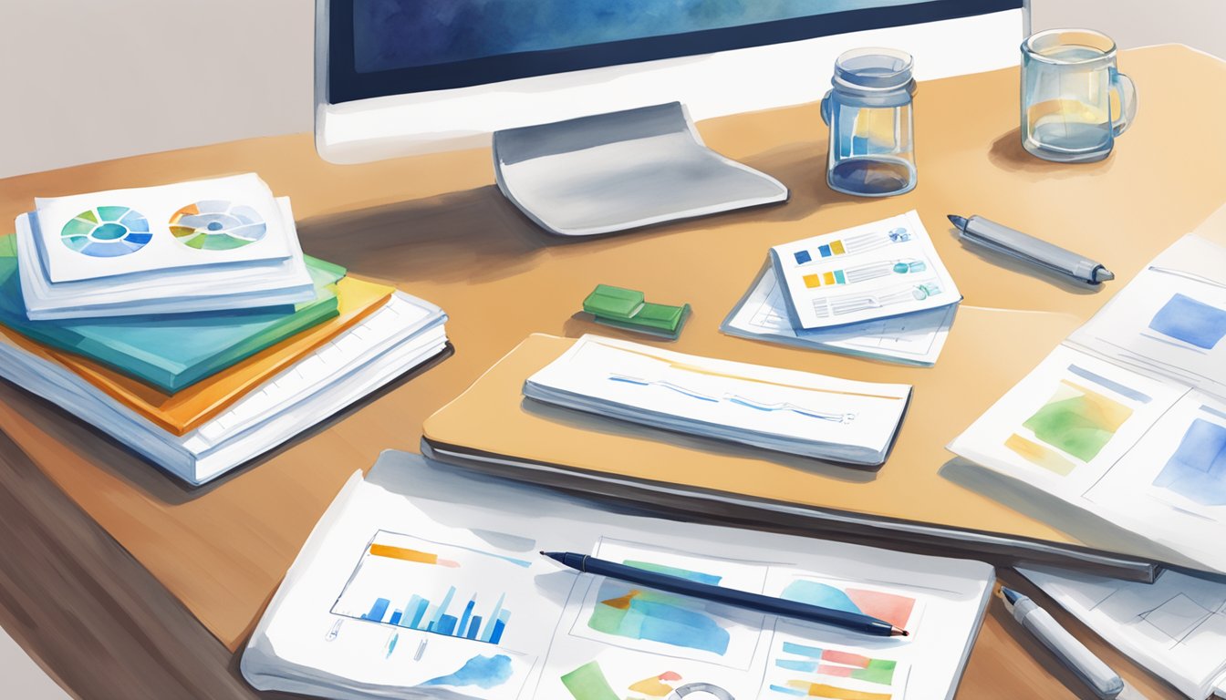 A table with 7 certification program books, a laptop displaying PMI-ACP logo, and a whiteboard with project management diagrams