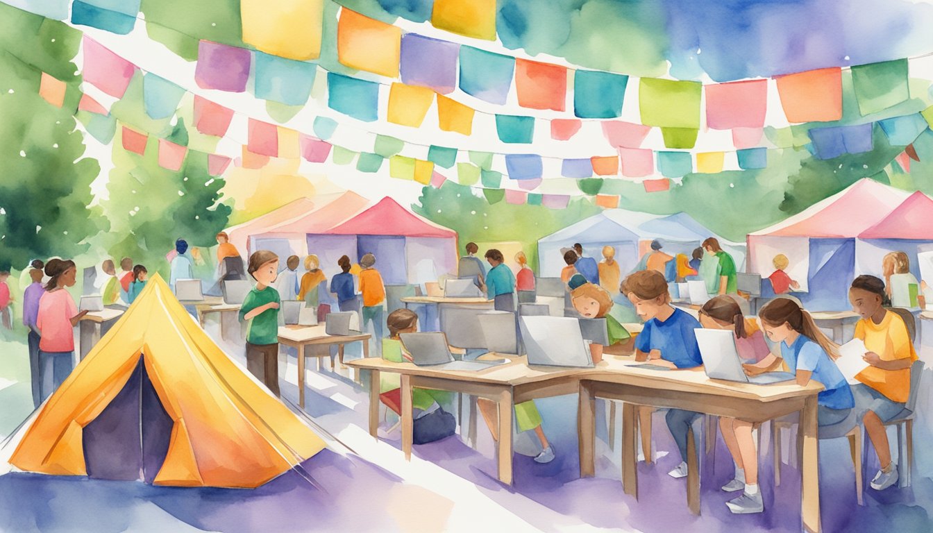 A group of colorful tents and banners displaying "Coding Camps for Kids and Teens" surrounded by excited children and teenagers working on laptops and participating in coding activities