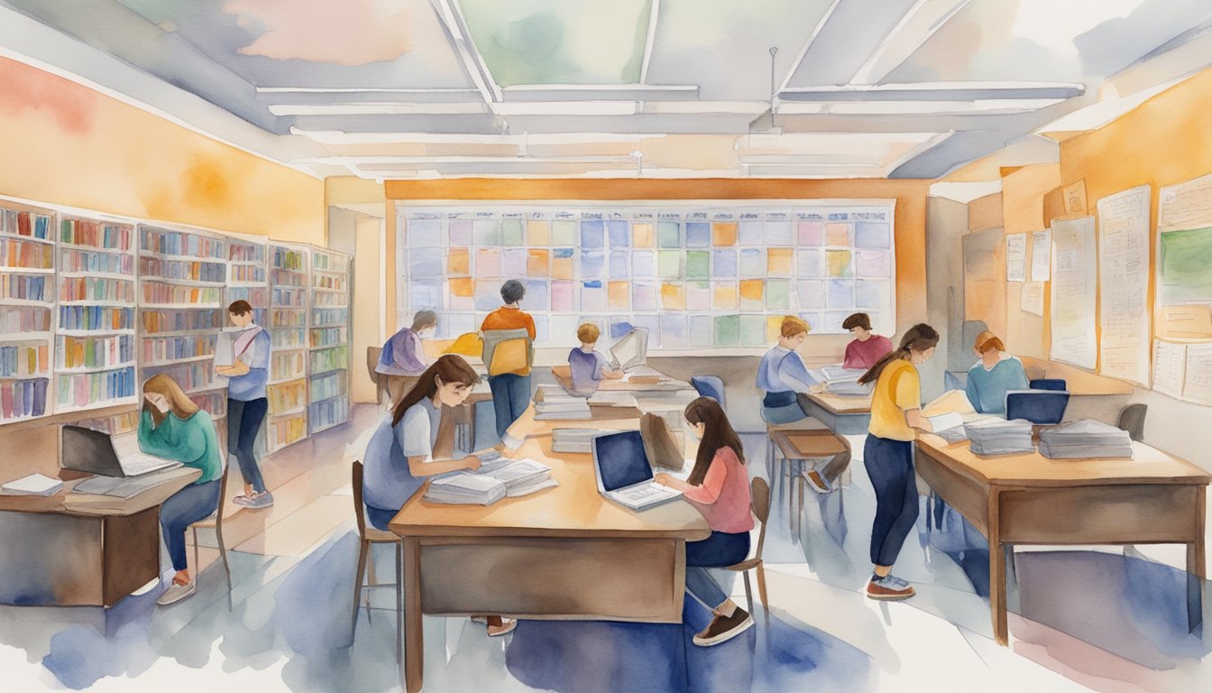 High school juniors researching colleges, surrounded by books, laptops, and college brochures.</p><p>A calendar with important dates and deadlines hangs on the wall