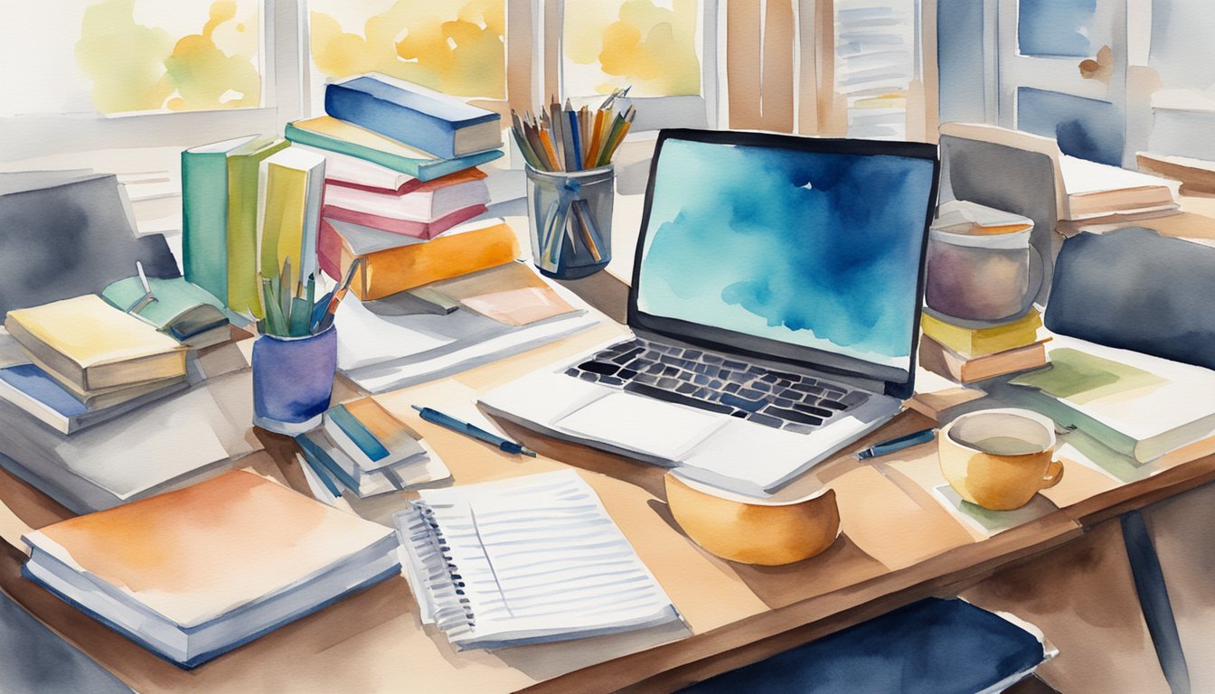 High school juniors studying, planning, and organizing for SAT/ACT exams and college applications.</p><p>Books, calendars, and laptops on a desk