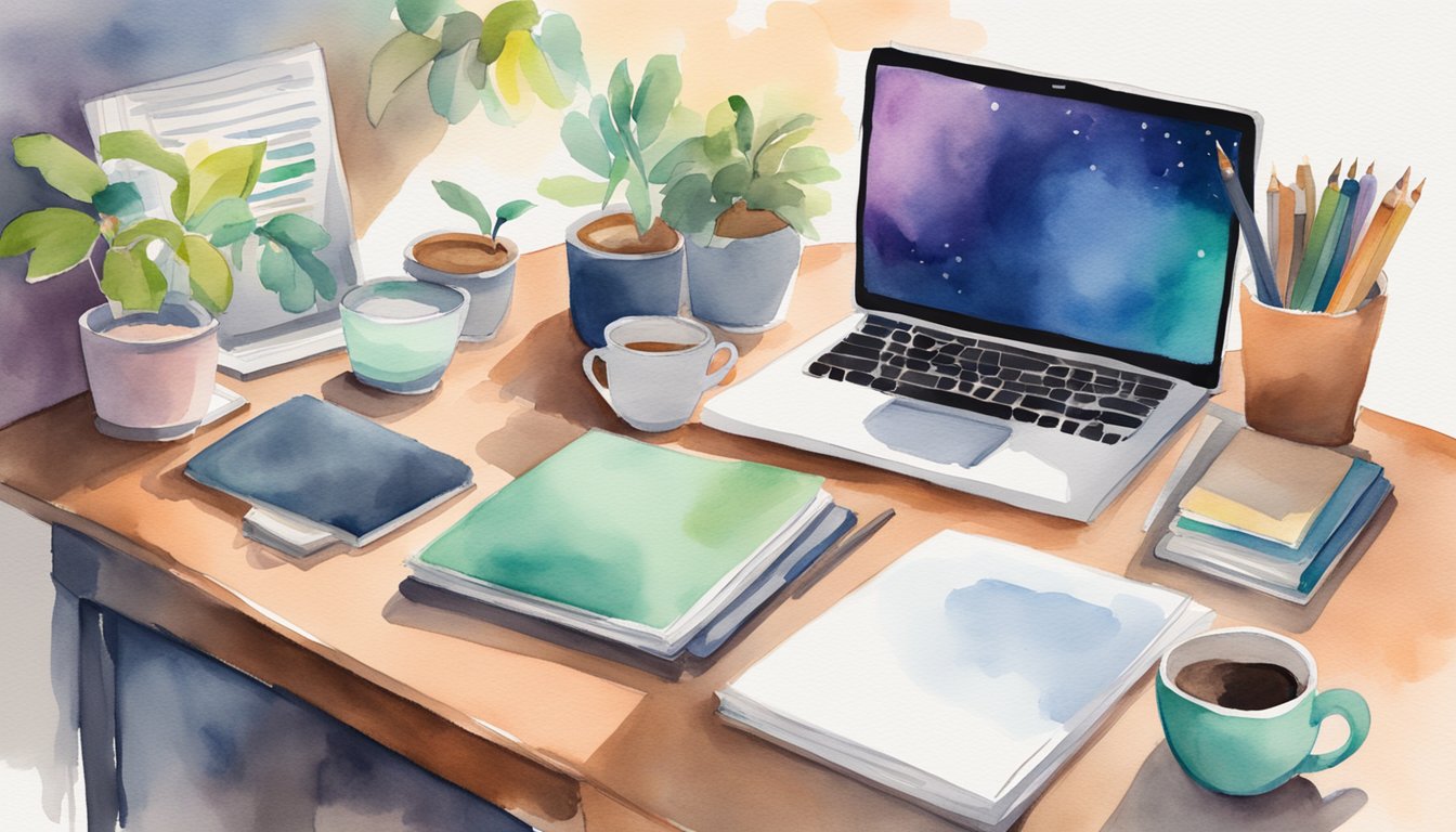 A clutter-free desk with a laptop open to Khan Academy, surrounded by textbooks and notebooks, with a cup of coffee nearby