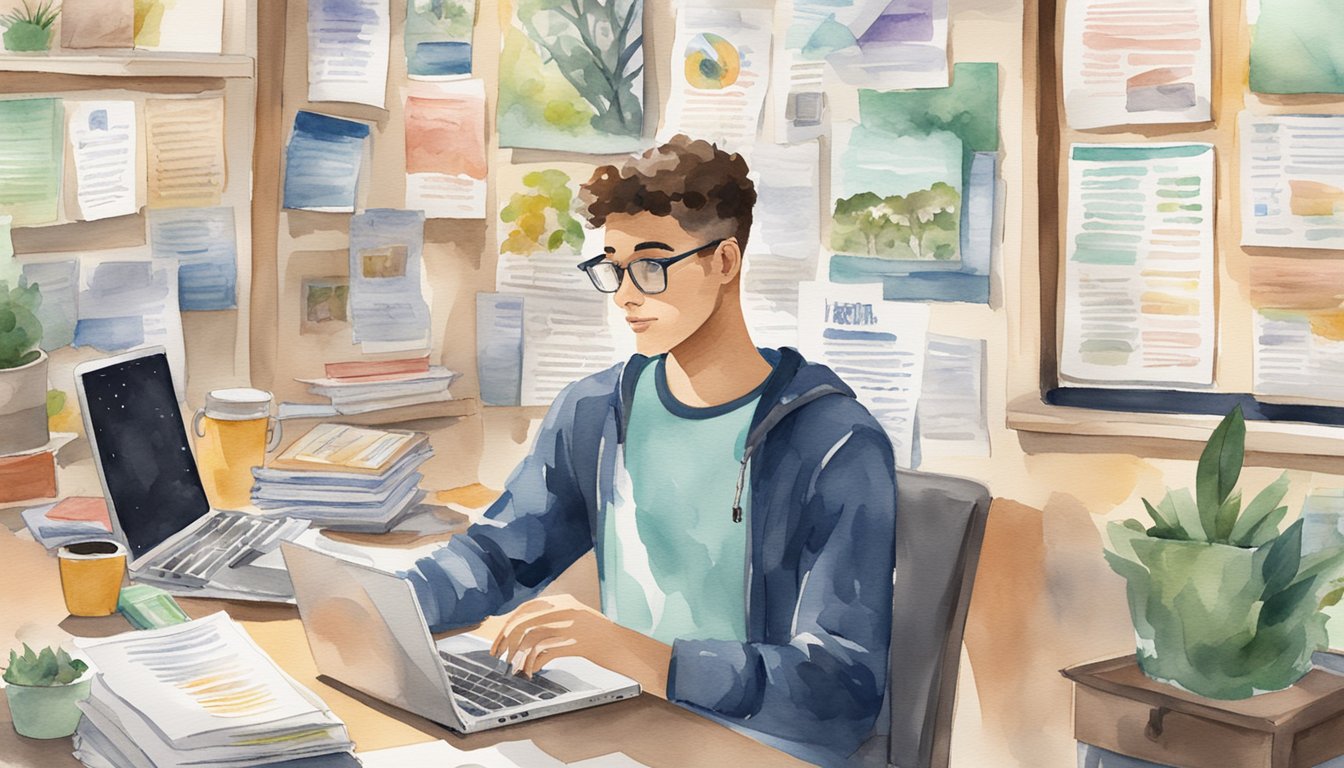 A high school junior sits at a desk, surrounded by college brochures and a laptop.</p><p>They are making a list of extracurricular activities to boost their college application