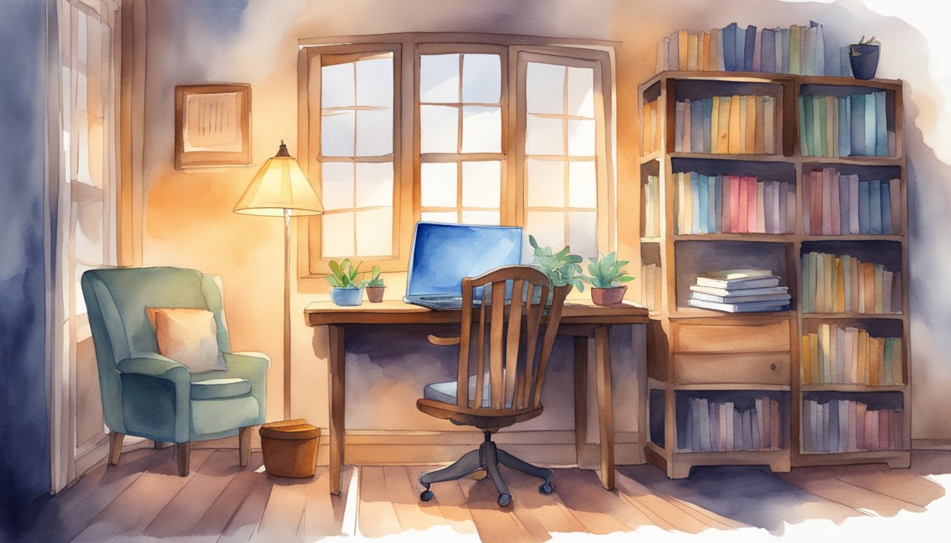 A desk with a laptop, textbooks, and notebooks.</p><p>A calendar on the wall with important dates marked.</p><p>A cozy study space with a lamp and a comfortable chair