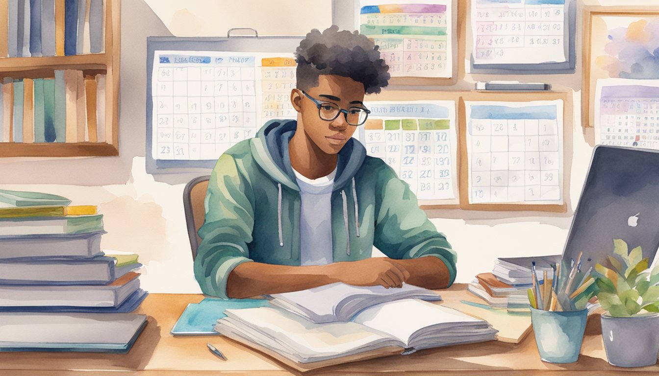 A high school student sits at a desk surrounded by textbooks, notebooks, and a laptop.</p><p>A calendar and schedule are pinned to the wall, with a stack of educational resources nearby