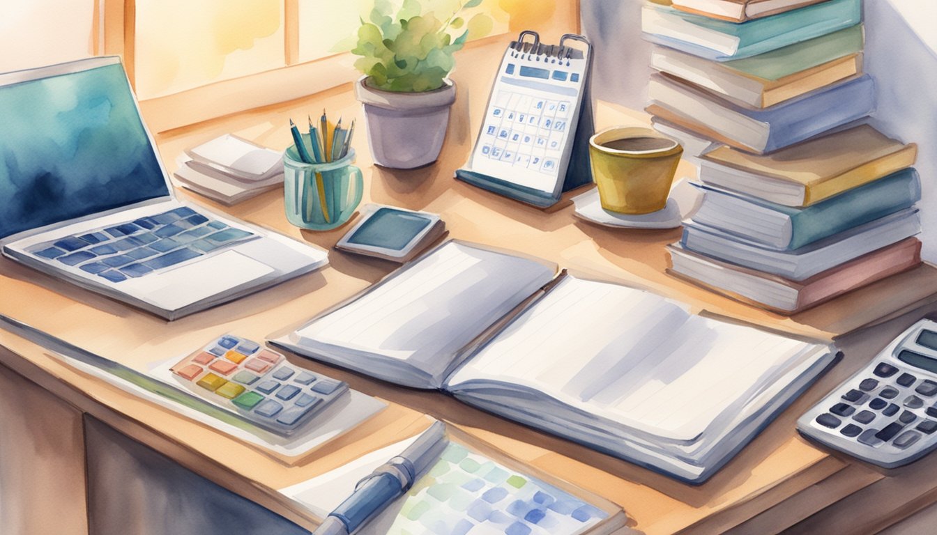 A stack of textbooks, a laptop, a notebook, a calculator, and a ruler on a desk.</p><p>A bulletin board with a calendar and study schedule.</p><p>A cozy, well-lit study space