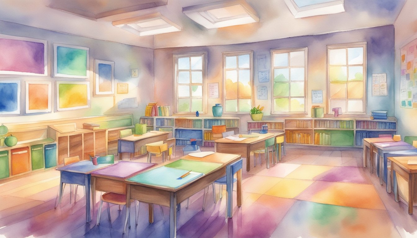 A colorful classroom with diverse learning materials and interactive activities for dyslexia tutoring