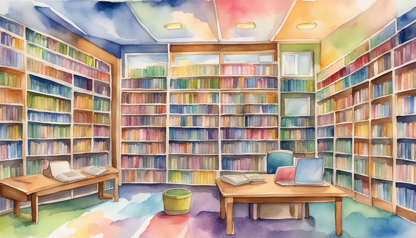 A colorful library with shelves of educational audiobooks, surrounded by resources for dyslexia, including guides and tools for parents and teachers