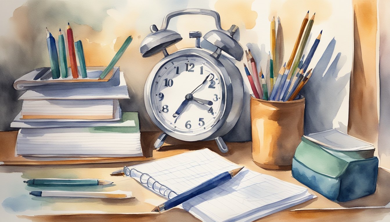 A desk with open SAT practice tests, study materials, and notes.</p><p>A clock shows time passing as the student prepares for success