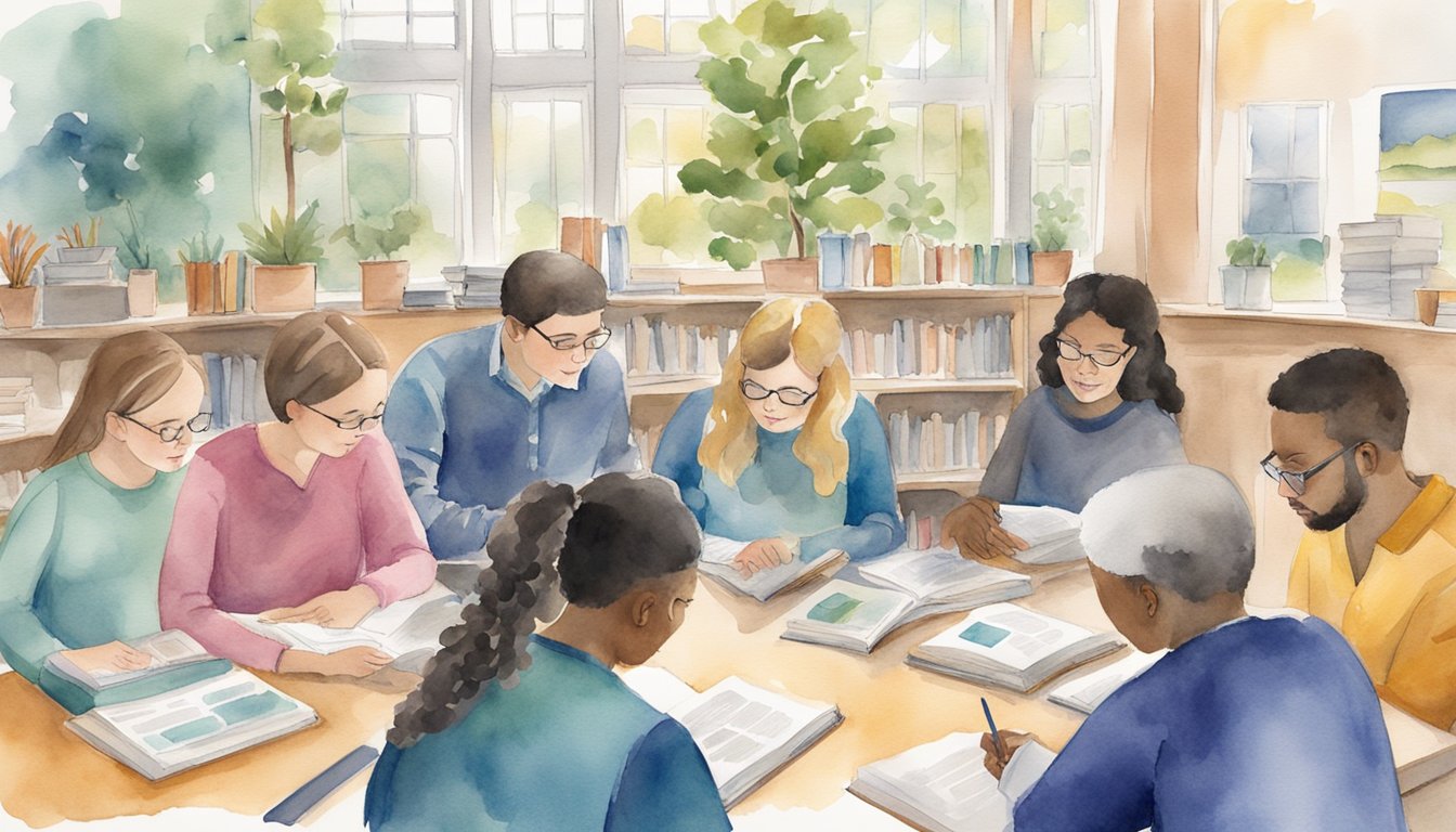 A group of people gather in a supportive environment, sharing resources and information about dyslexia for parents and teachers.</p><p>Tables are filled with materials and literature, while individuals engage in conversation and collaboration