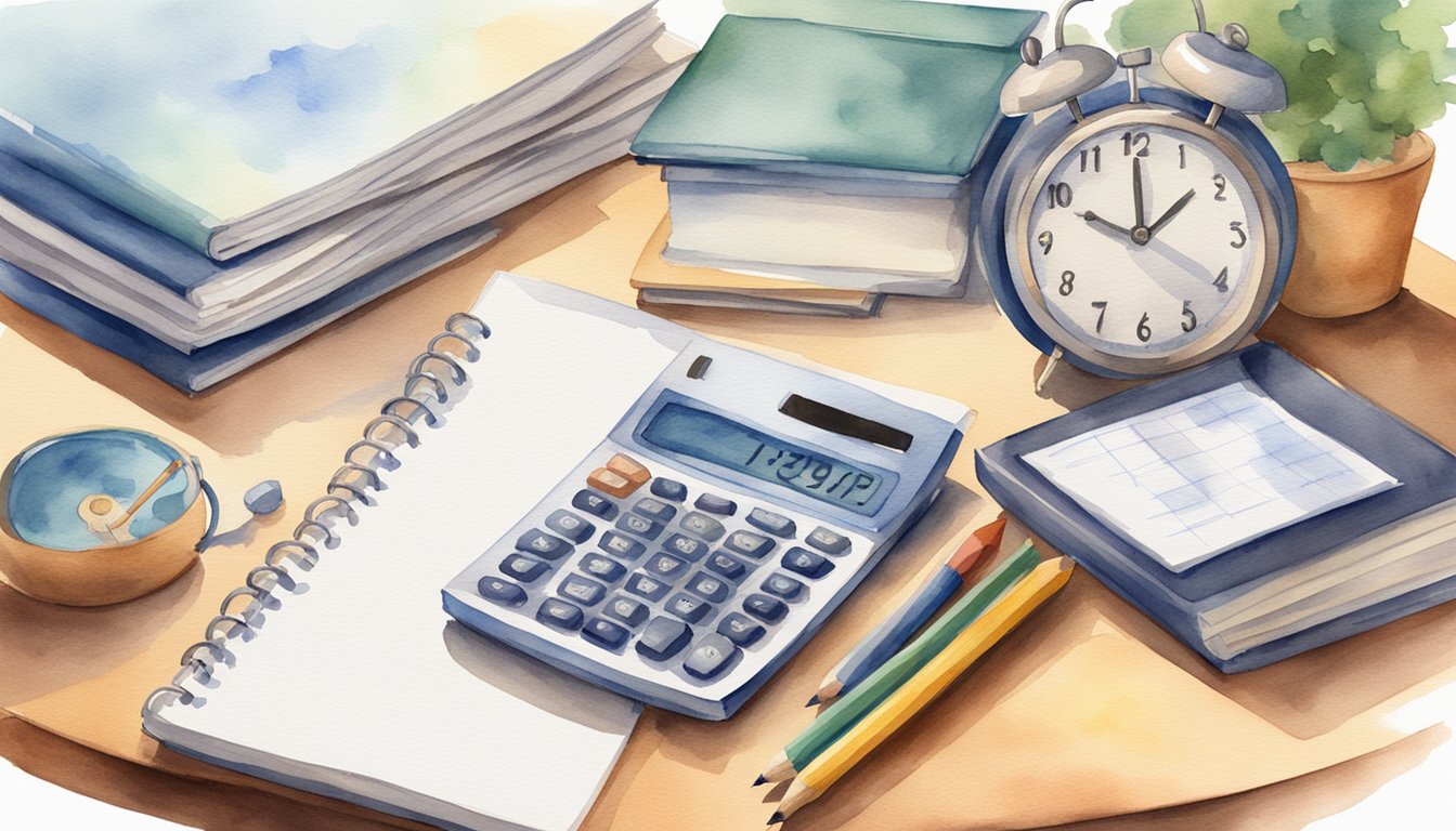 A desk with a notebook, pencil, and calculator.</p><p>A stack of math textbooks in the background.</p><p>A clock showing daily study routine