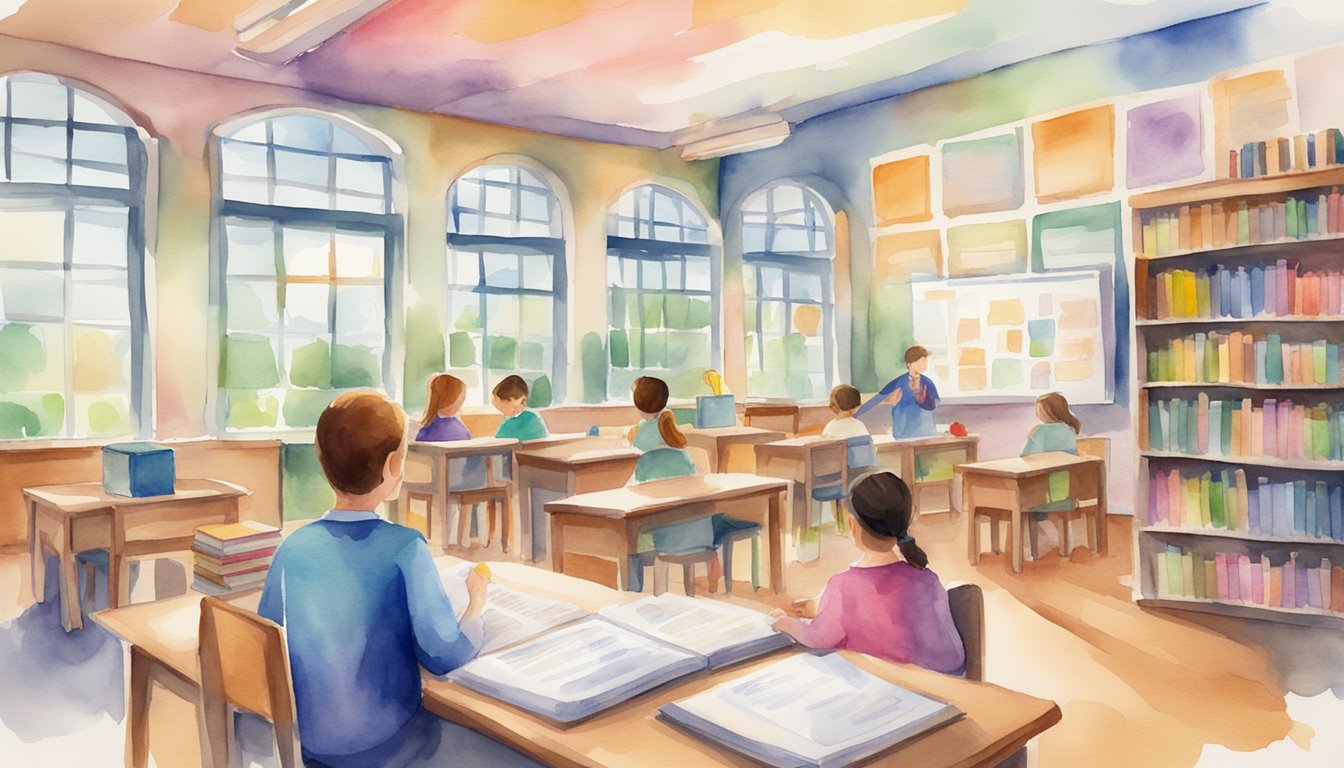 A colorful classroom with various teaching materials and books, a tutor guiding a student through dyslexia tutoring programs, both engaged and focused on the learning process