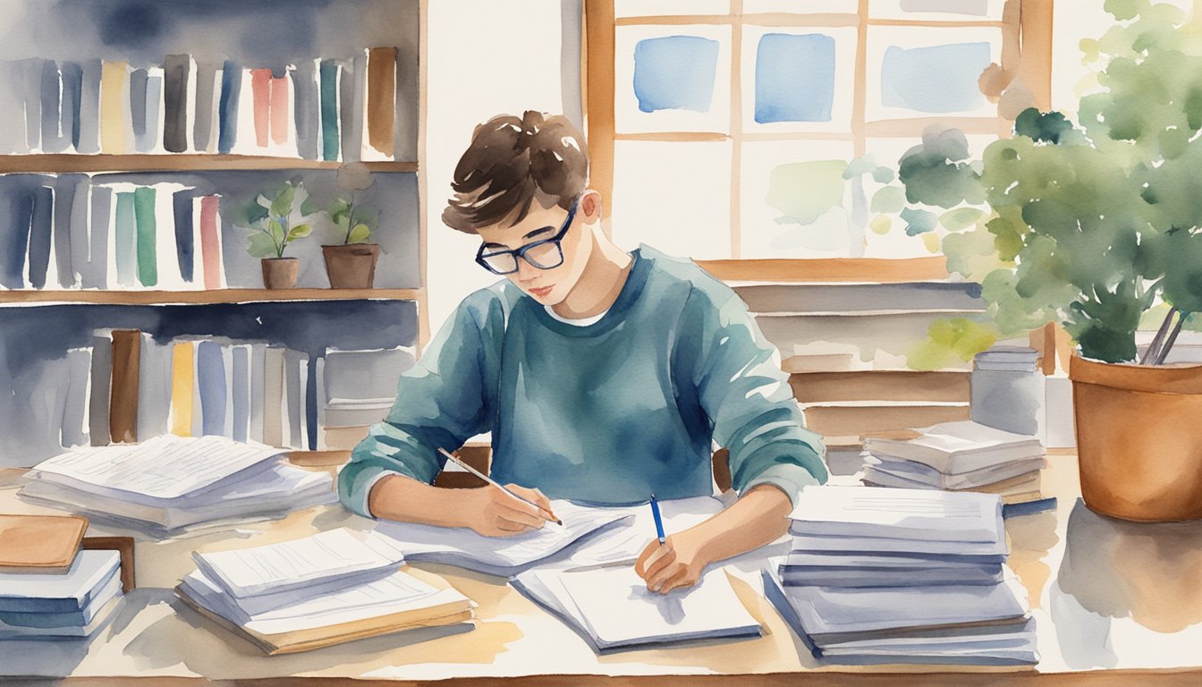 A student sits at a desk surrounded by SAT prep materials.</p><p>They review their mistakes, jot down notes, and devise strategies for success