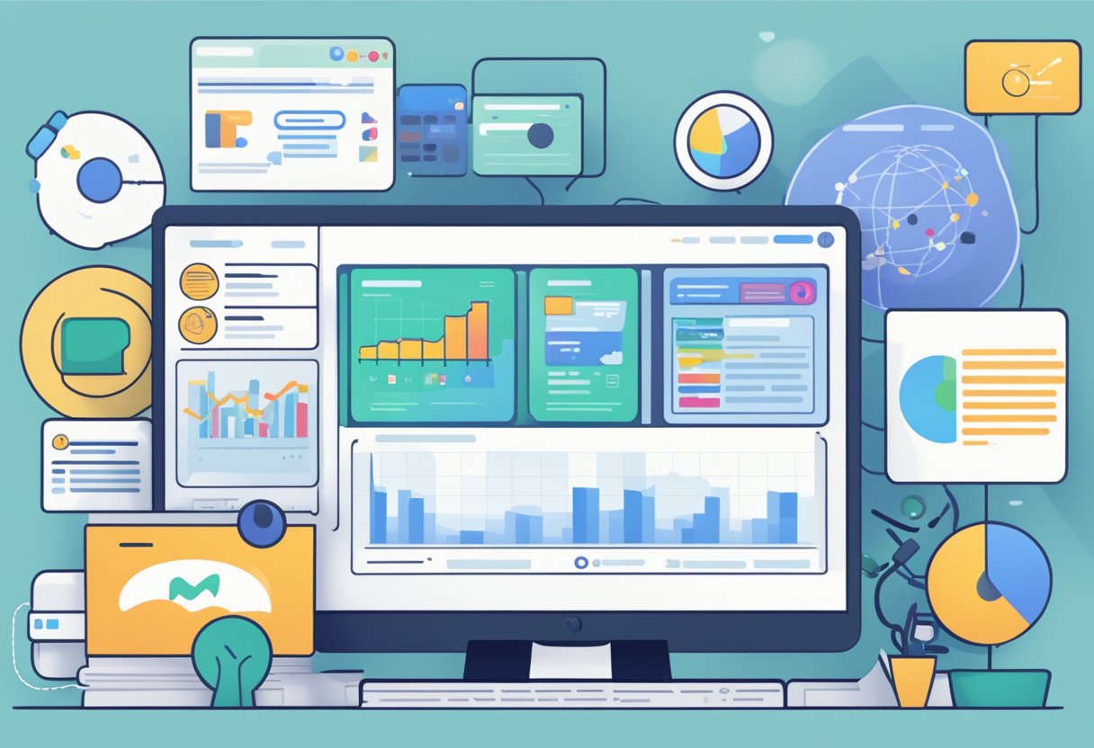 Social media monitoring: computer screen with social media platforms open, keywords being tracked, and data being analyzed