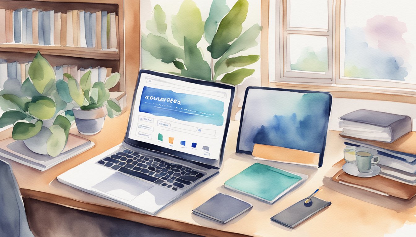 A laptop displaying the Coursera homepage with various course options, a desk with a notebook and pen, and a cozy study environment with a bookshelf in the background