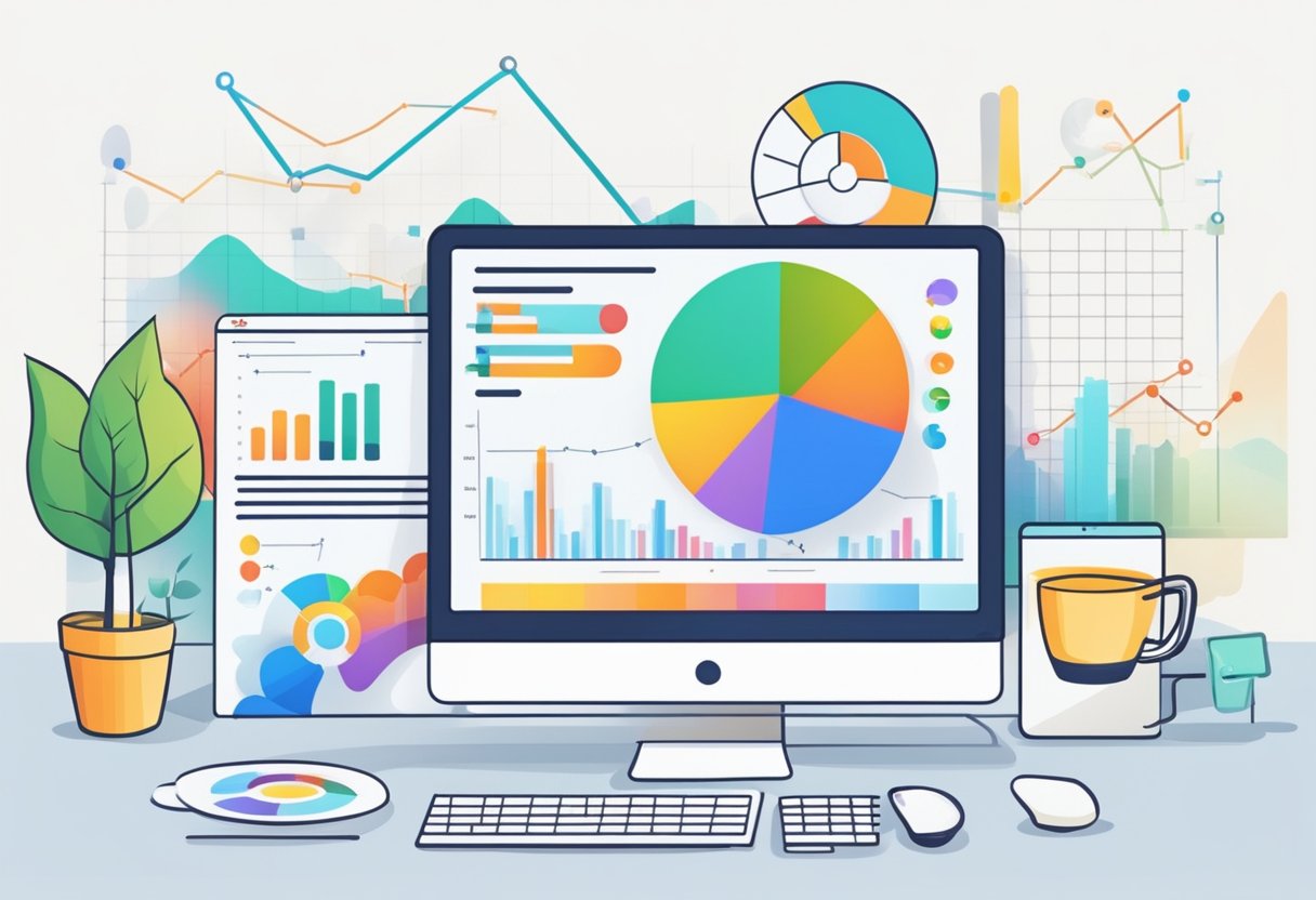 A computer screen displays social media analytics. Graphs and charts show brand growth data