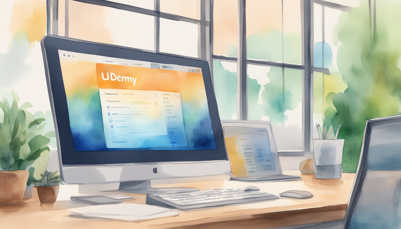 A computer screen displays the Udemy logo and 7 e-learning platform names.</p><p>A desk with a keyboard and mouse is in the background