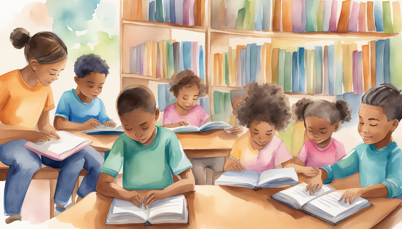 A diverse group of children with dyslexia engage in a variety of reading activities using specialized programs.</p><p>The atmosphere is supportive and inclusive, with colorful books and technology tools