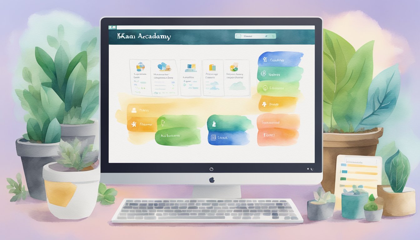 A computer screen displaying Khan Academy with 7 e-learning platforms for adult education.</p><p>Icons and text are visible on the screen