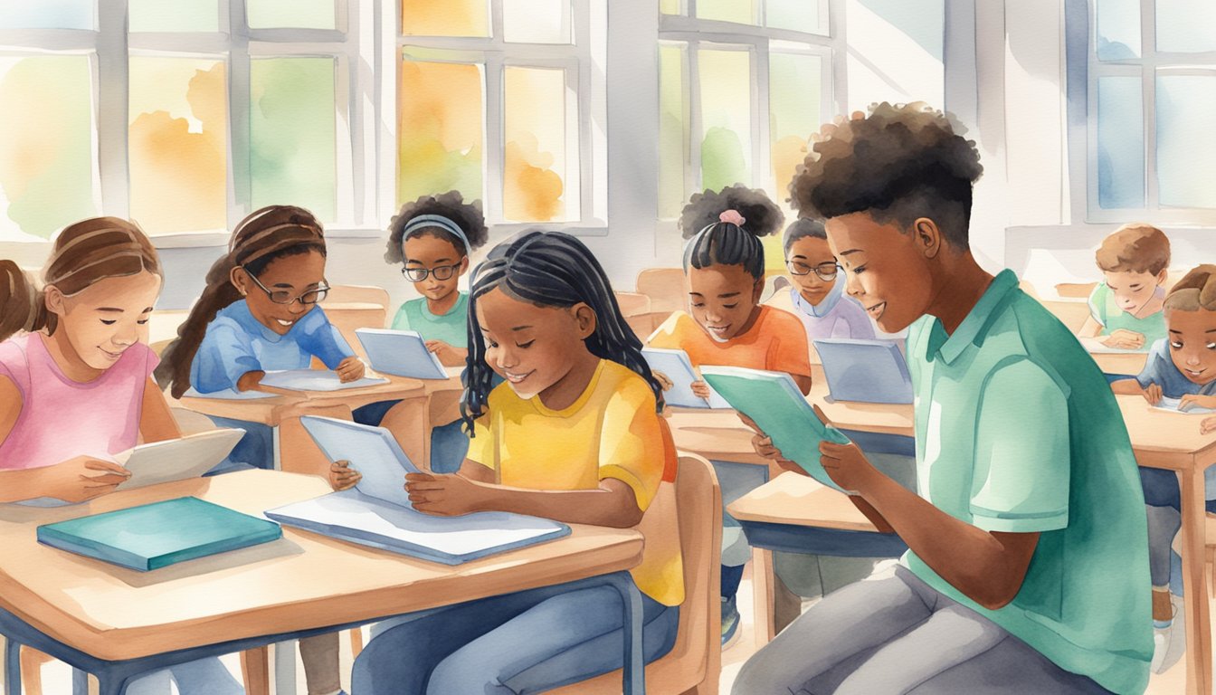 A group of diverse students engage with dyslexia-friendly reading programs on tablets and computers in a bright, welcoming classroom