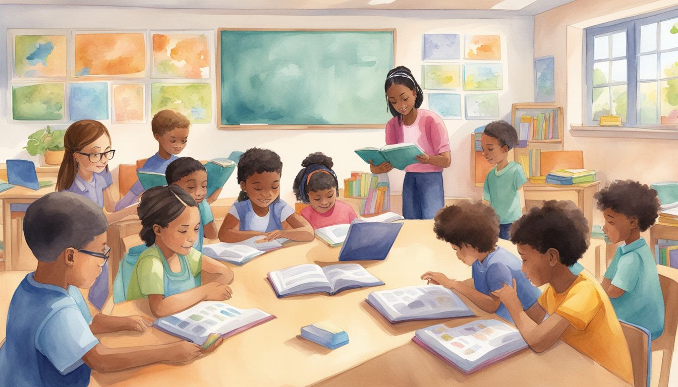 A diverse group of children engage with dyslexia-friendly reading materials in a bright, welcoming classroom.</p><p>The materials include large print books, visual aids, and interactive technology