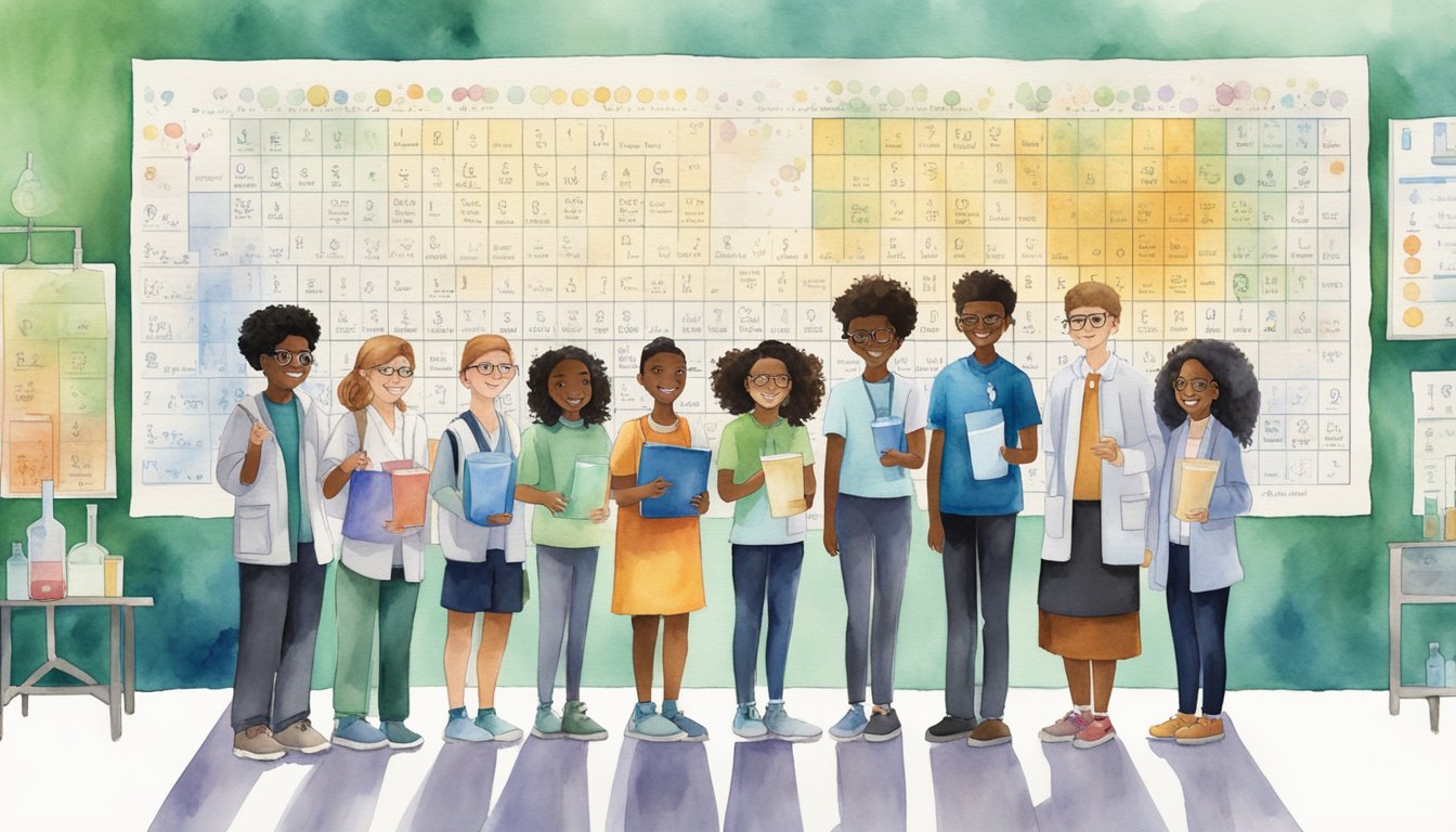 A group of seven diverse STEM students are celebrating their Science Ambassador Scholarships, standing in front of a giant periodic table with beakers and test tubes in hand