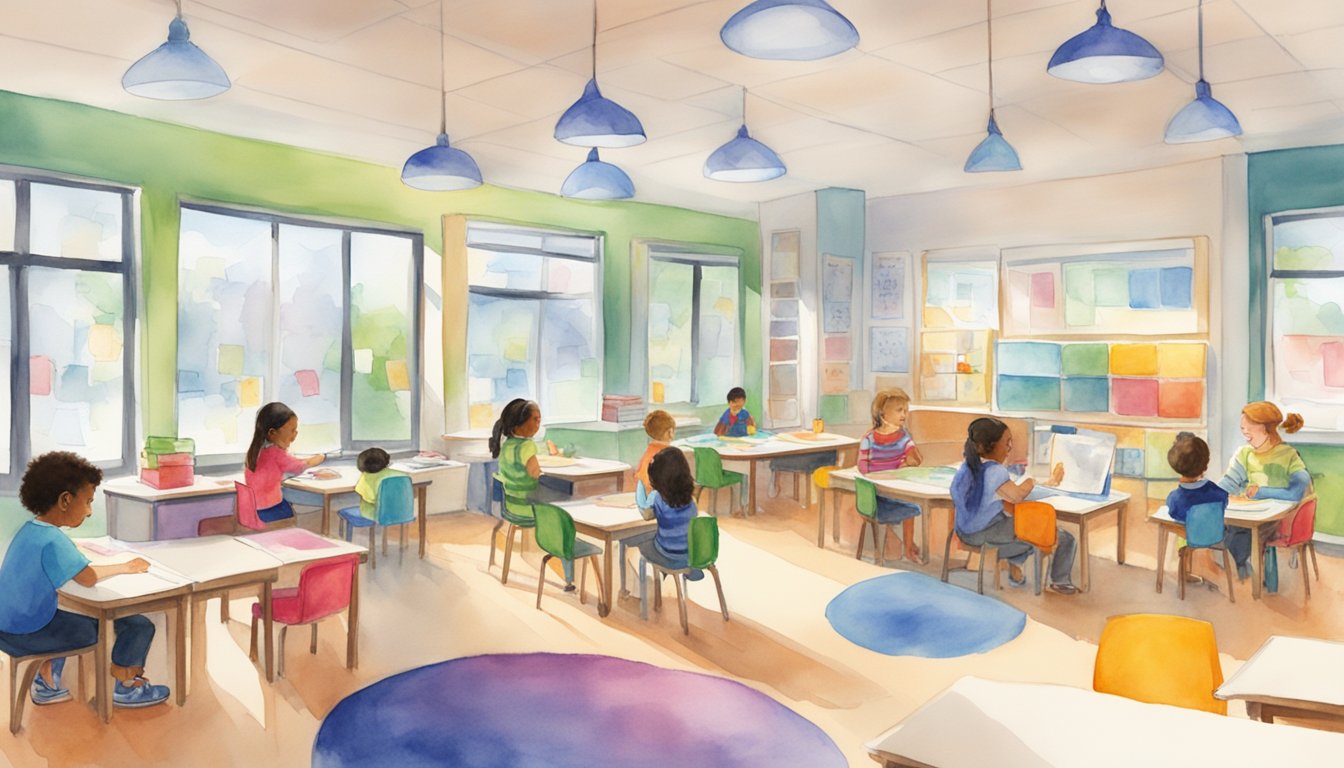 A bright and welcoming Mathnasium center with students engaged in learning activities, colorful math materials, and dedicated tutors assisting students