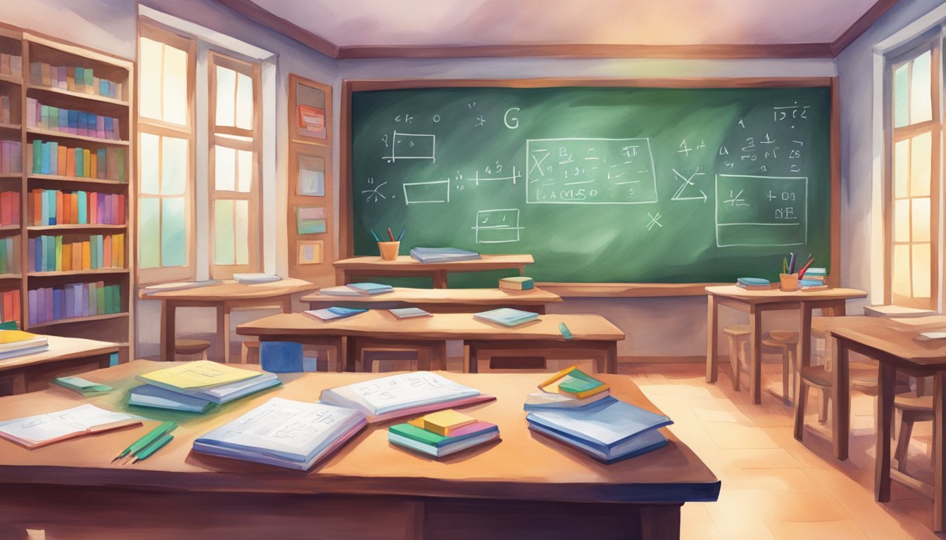 A colorful classroom with math equations and diagrams on the chalkboard, a stack of math textbooks, and a friendly tutor's desk with a Wyzant logo