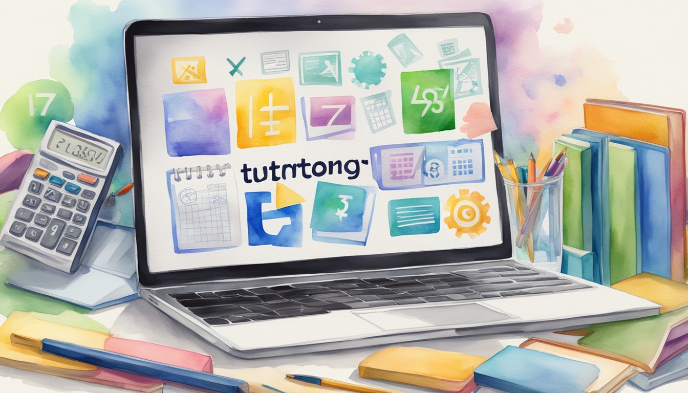 A laptop displaying 7 math tutoring program logos, surrounded by math textbooks and a calculator