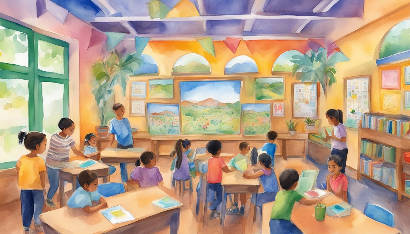 Don Quijote 7 Spanish Immersion Programs: A colorful classroom with students engaged in interactive language learning activities, surrounded by Spanish language materials and cultural decor