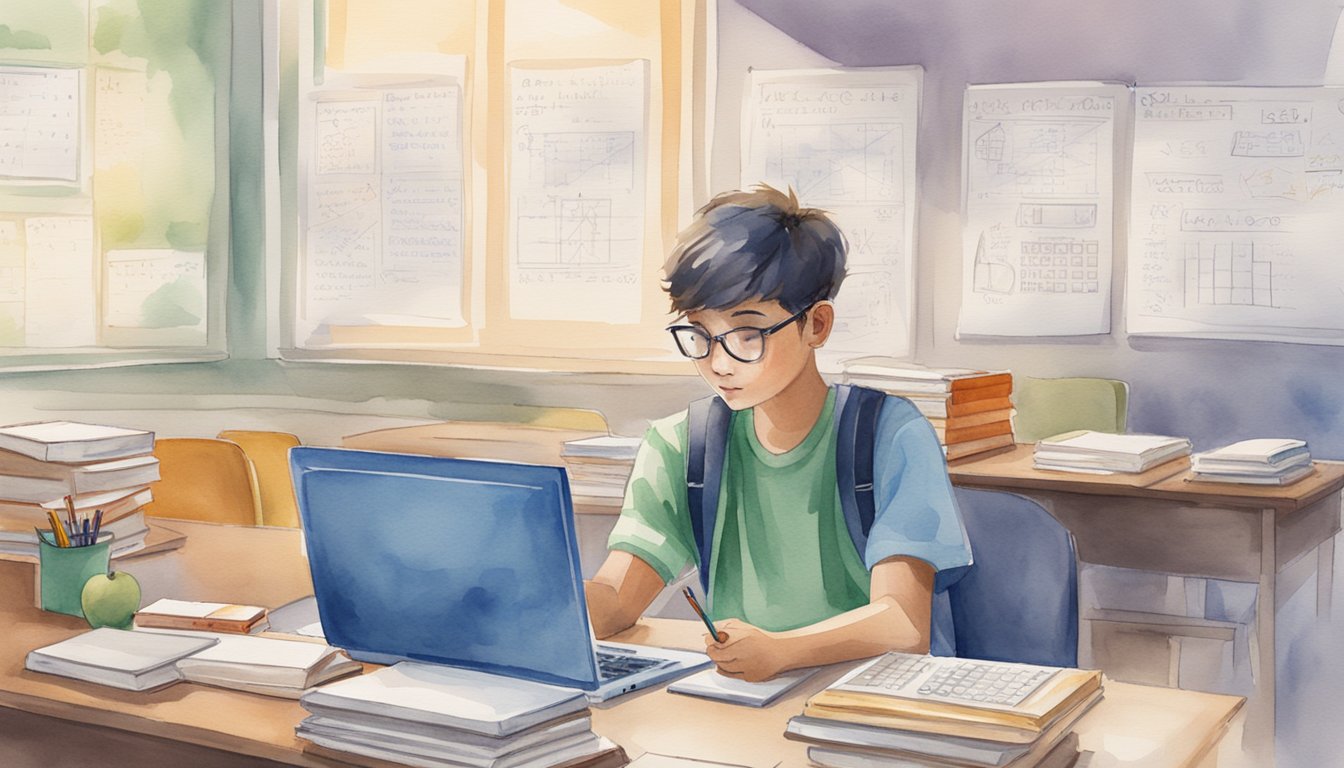 A student sits at a desk with various math tutoring options displayed on a computer screen.</p><p>A stack of textbooks and notebooks are nearby, along with a calculator and pencil