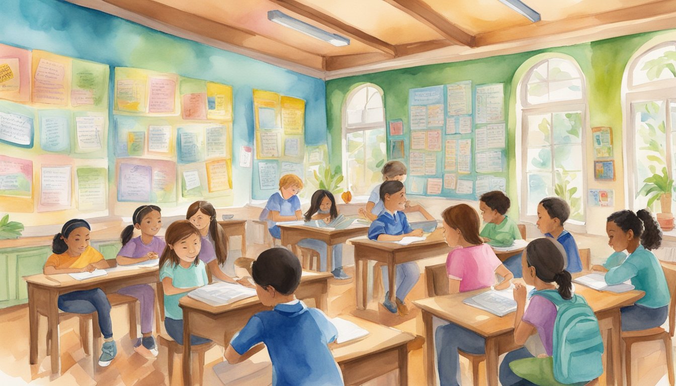 A vibrant classroom filled with students engaged in Spanish lessons, colorful posters of vocabulary and grammar rules decorate the walls, while the sound of lively conversations in Spanish fills the air