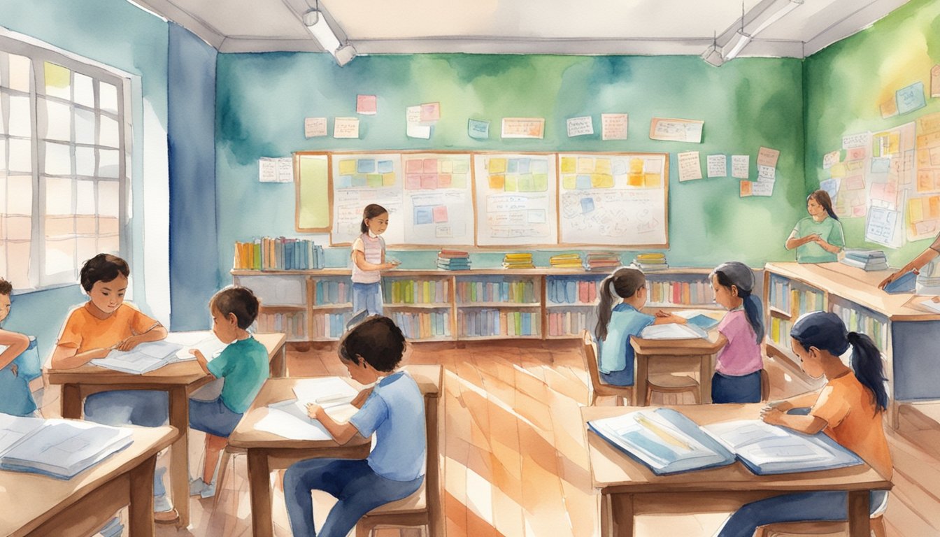 A vibrant classroom with students engaged in Spanish lessons at Ailola Buenos Aires.</p><p>Books, whiteboards, and language materials are scattered around the room